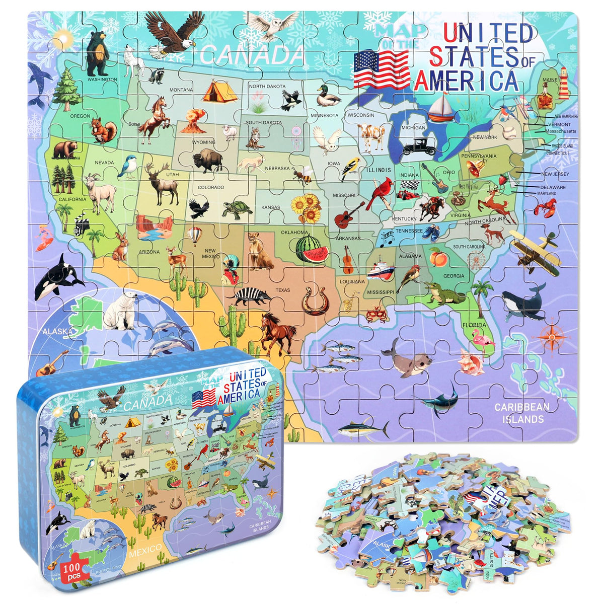 LELEMON USA map 100-piece puzzle image for geography learning and play