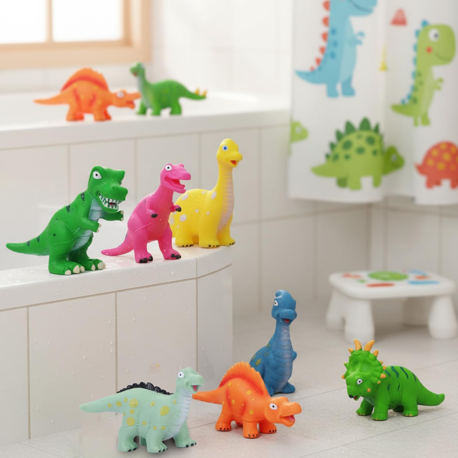 Lemofix colorful dinos promote sensory play and storytelling during bath time.