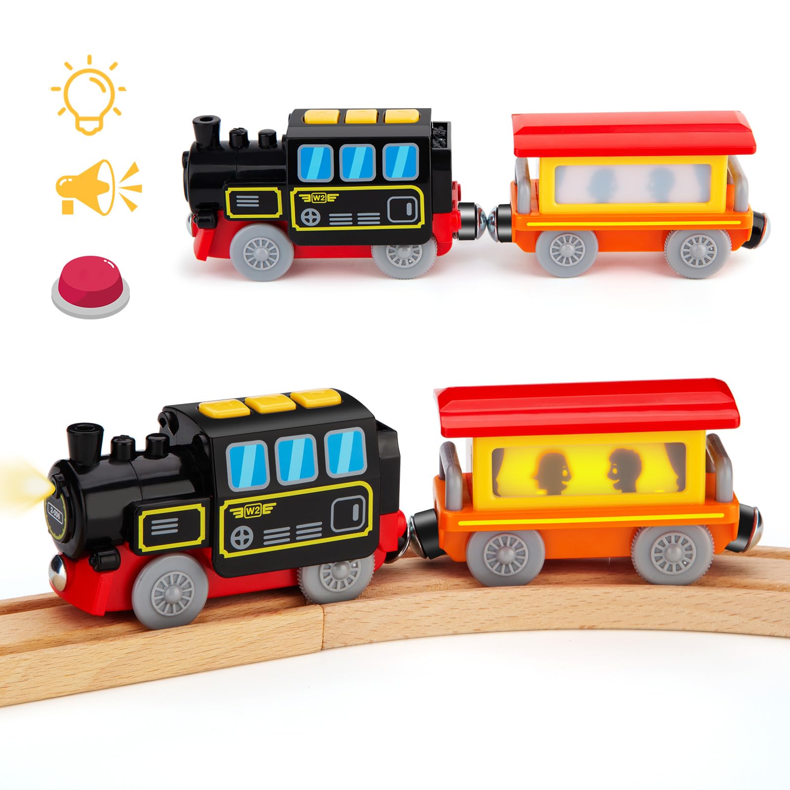 Lemonkids battery-operated locomotive engine on wooden tracks for imaginative play.