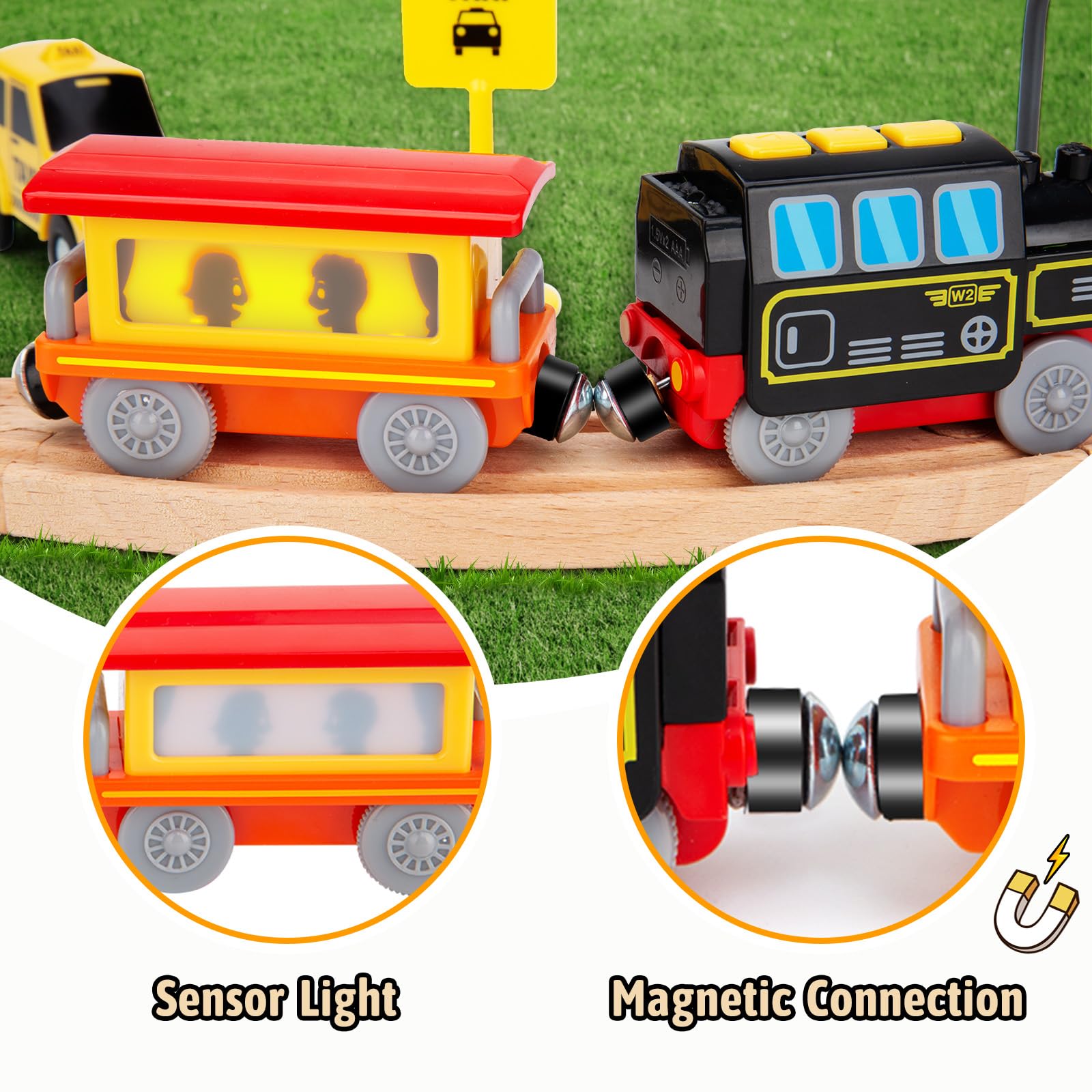 Lemonkids battery-powered locomotive includes realistic sound and headlight effects.