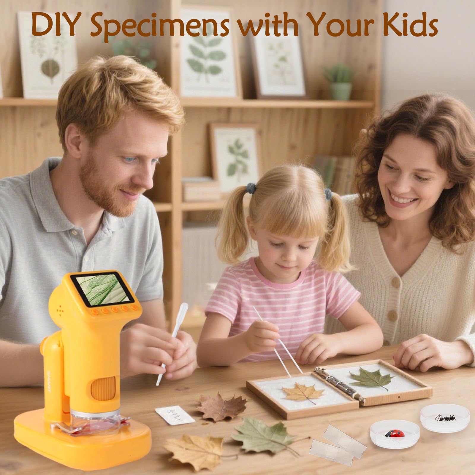 LENGTOUQ 1600X kids microscope 64GB storage and USB charging for quick data transfer.
