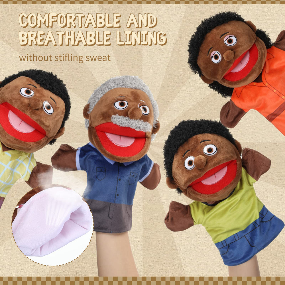 Lenwen mother puppet in vivid outfit enhances family-centered storytelling and role play.