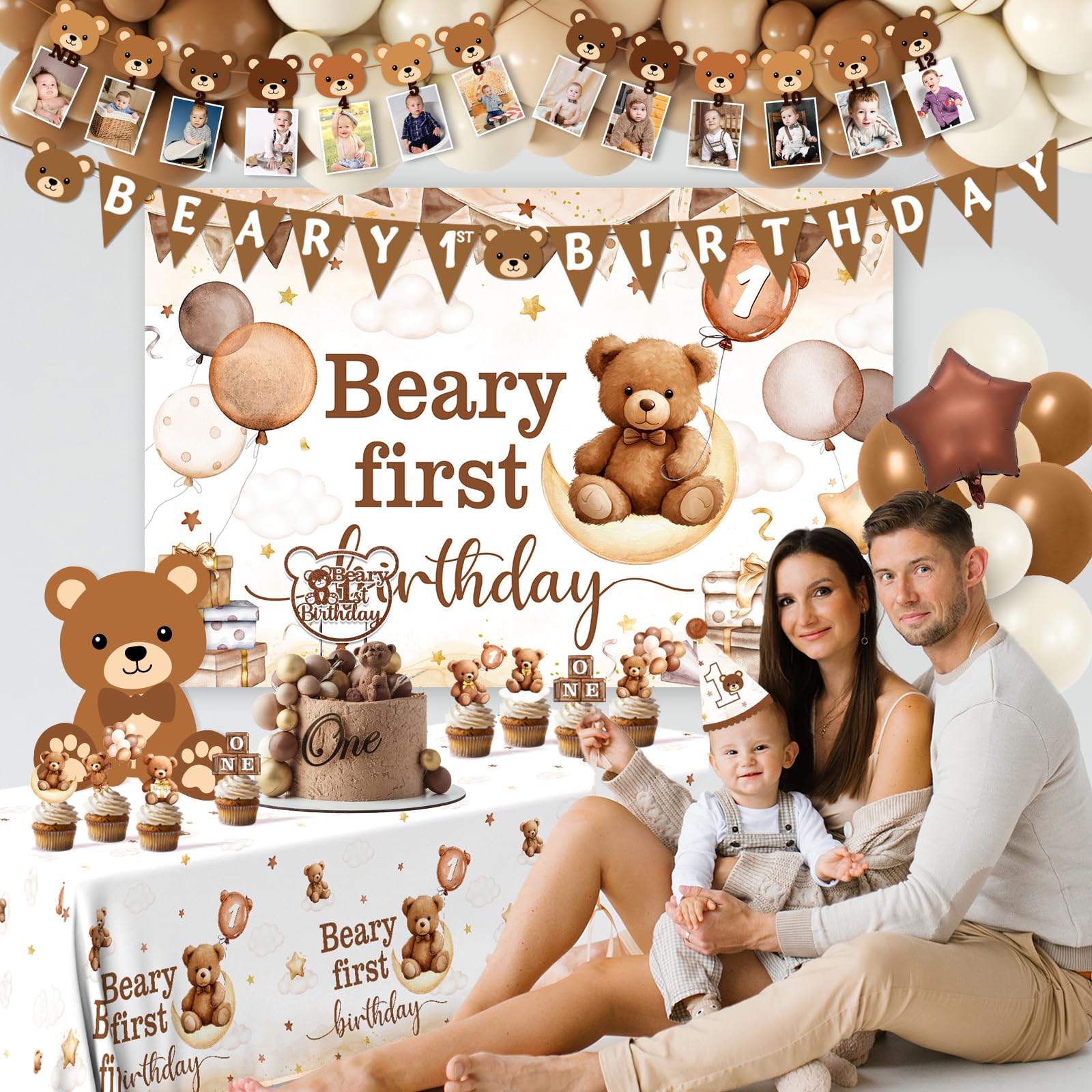Lenyunge Beary First Birthday Backdrop 5x3ft creates a cozy photo wall