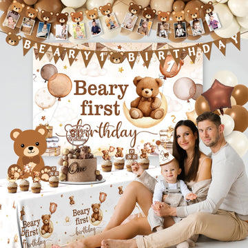 Lenyunge Beary First Birthday Backdrop 5x3ft creates a cozy photo wall
