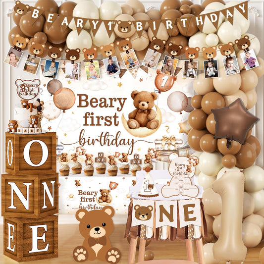 Lenyunge Beary First Birthday Banner featuring a cute bear motif for a photo-friendly backdrop