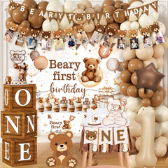 Lenyunge Beary First Birthday Banner featuring a cute bear motif for a photo-friendly backdrop