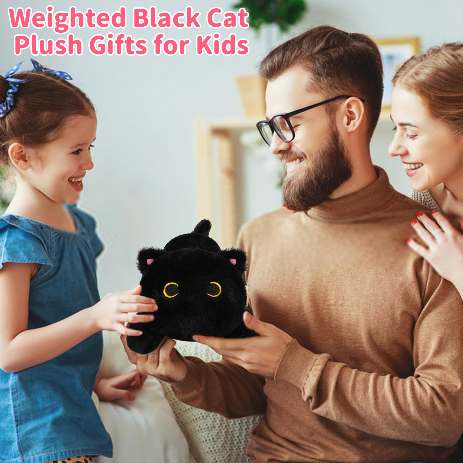 Leokawin weighted black cat plush face design ideal for hugging during play and bedtime.