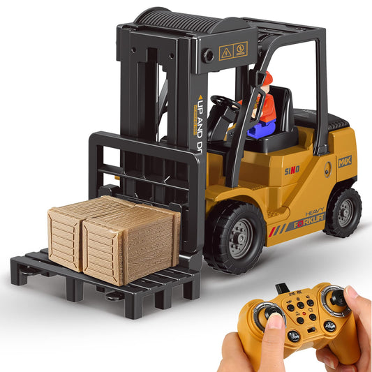 Leopmase RC forklift front view with 11-channel controls for immersive pretend play