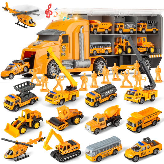 LerBao 25-in-1 die-cast pull-back trucks with lights for imaginative play.