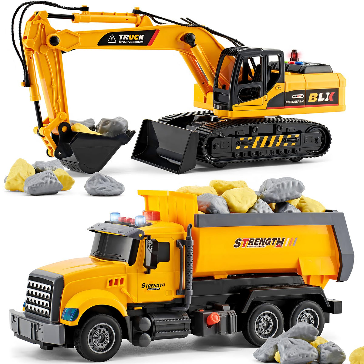 LerBao excavator and dump truck set front view for immersive construction play.
