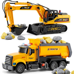 LerBao excavator and dump truck set front view for immersive construction play.