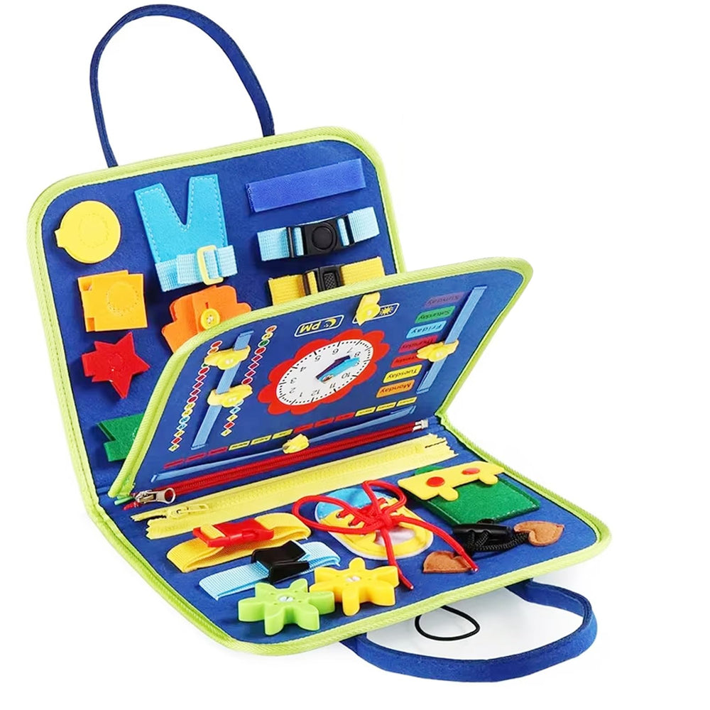 Lercaii Toddler Busy Board zipper page promotes fine motor skills and tactile exploration.