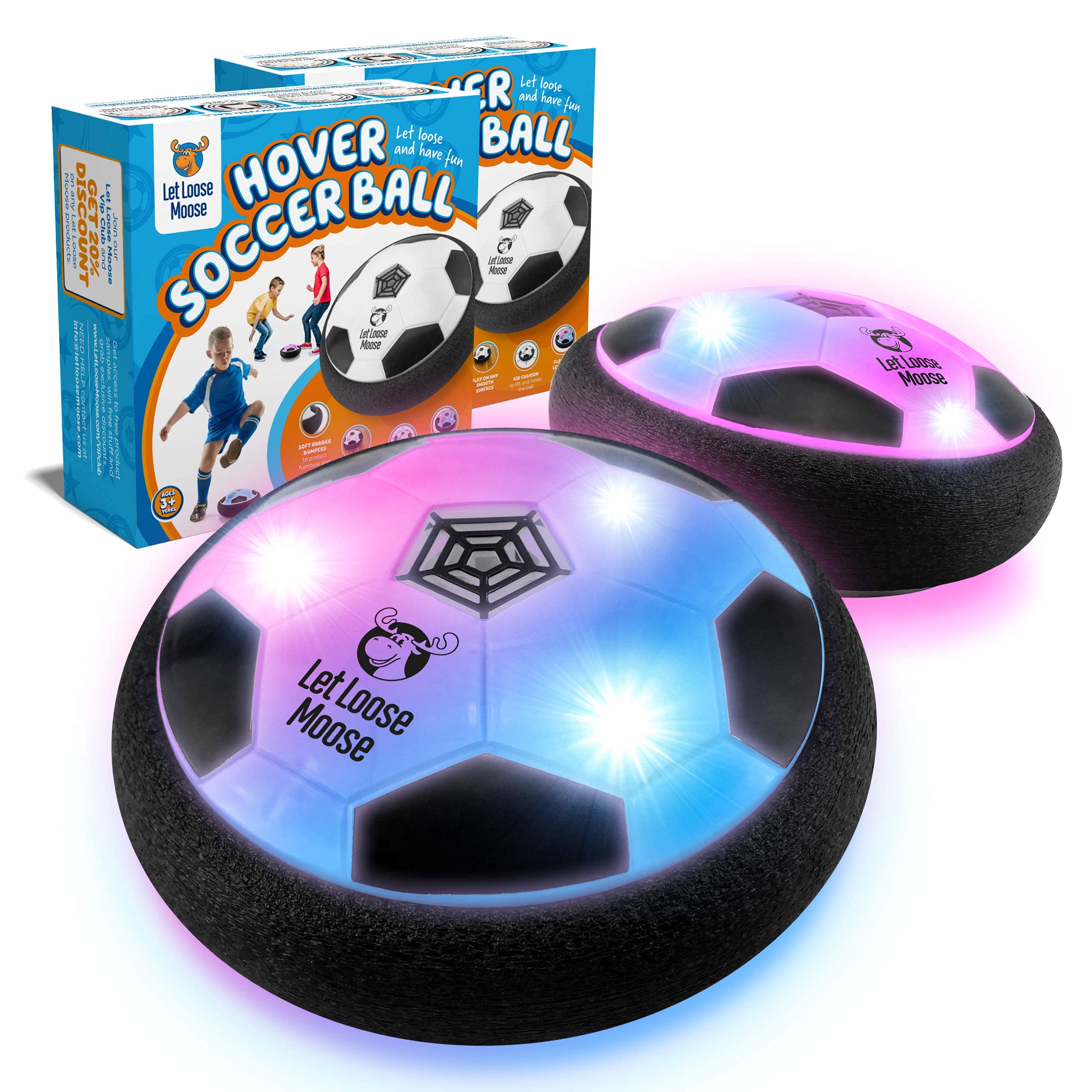 Let Loose Moose LED hover soccer balls in action for indoor fun.