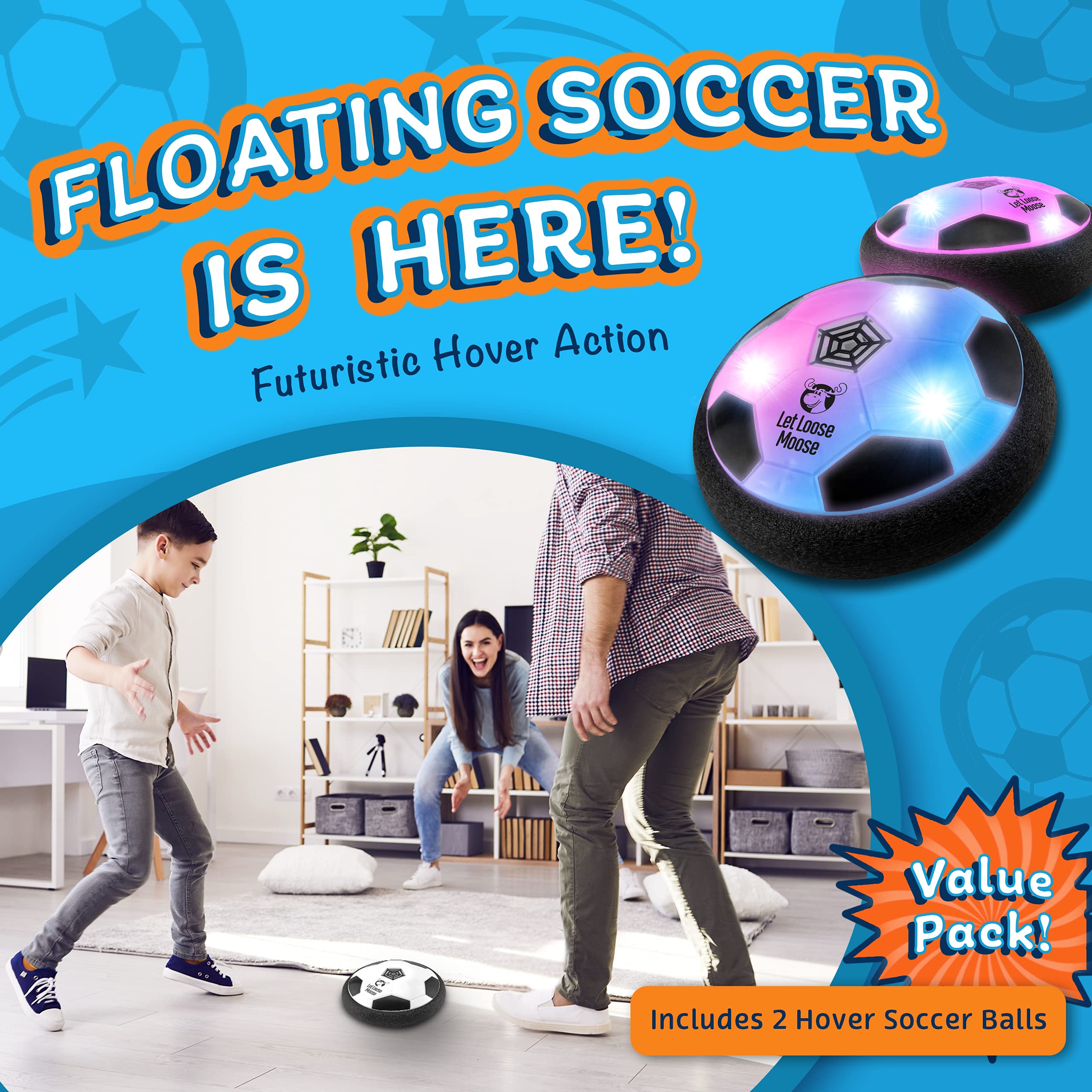 Let Loose Moose two-pack hover footballs glow, boosting kid-friendly playtime.
