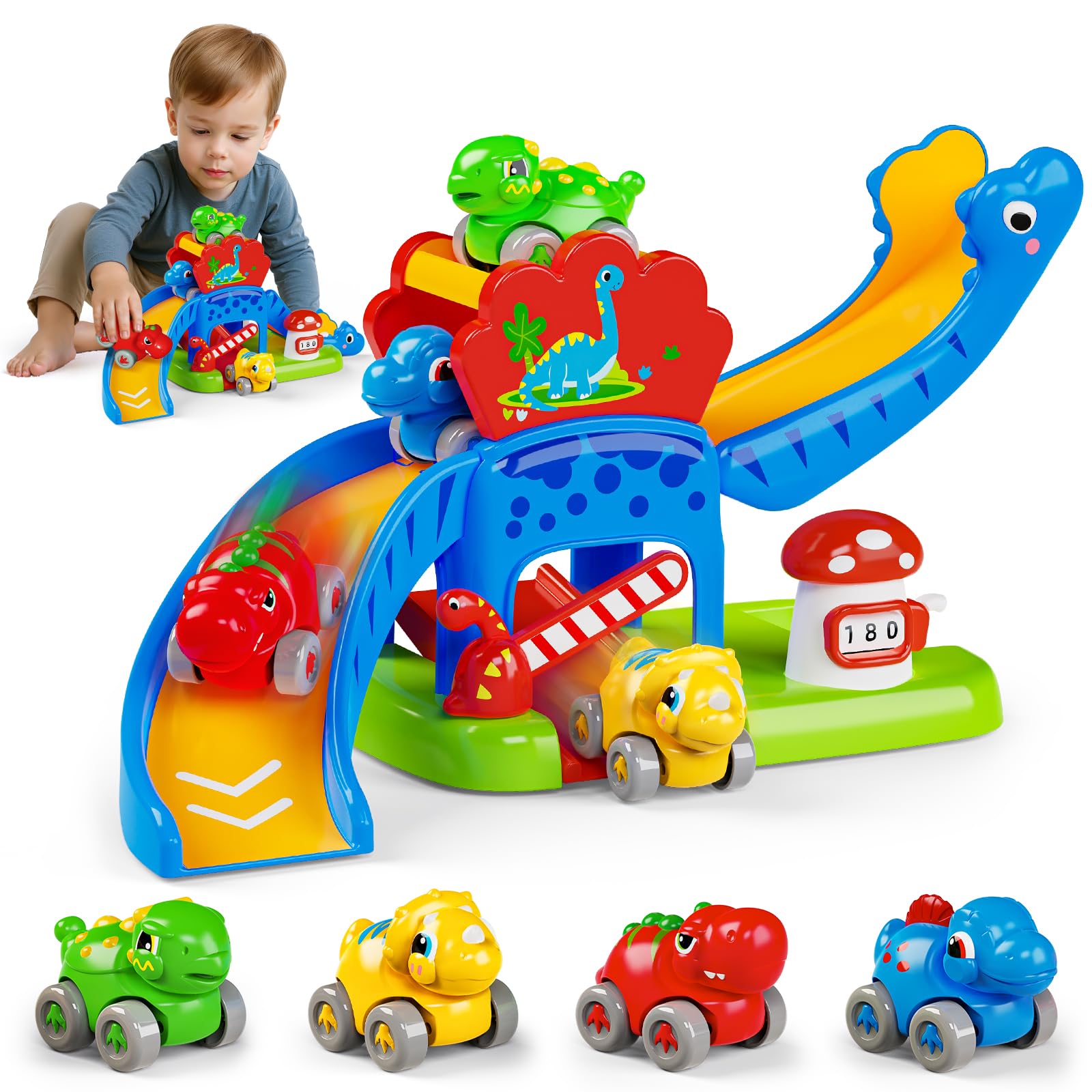 Letapapa dinosaur slide toy with cars on track boosts fine motor skills.