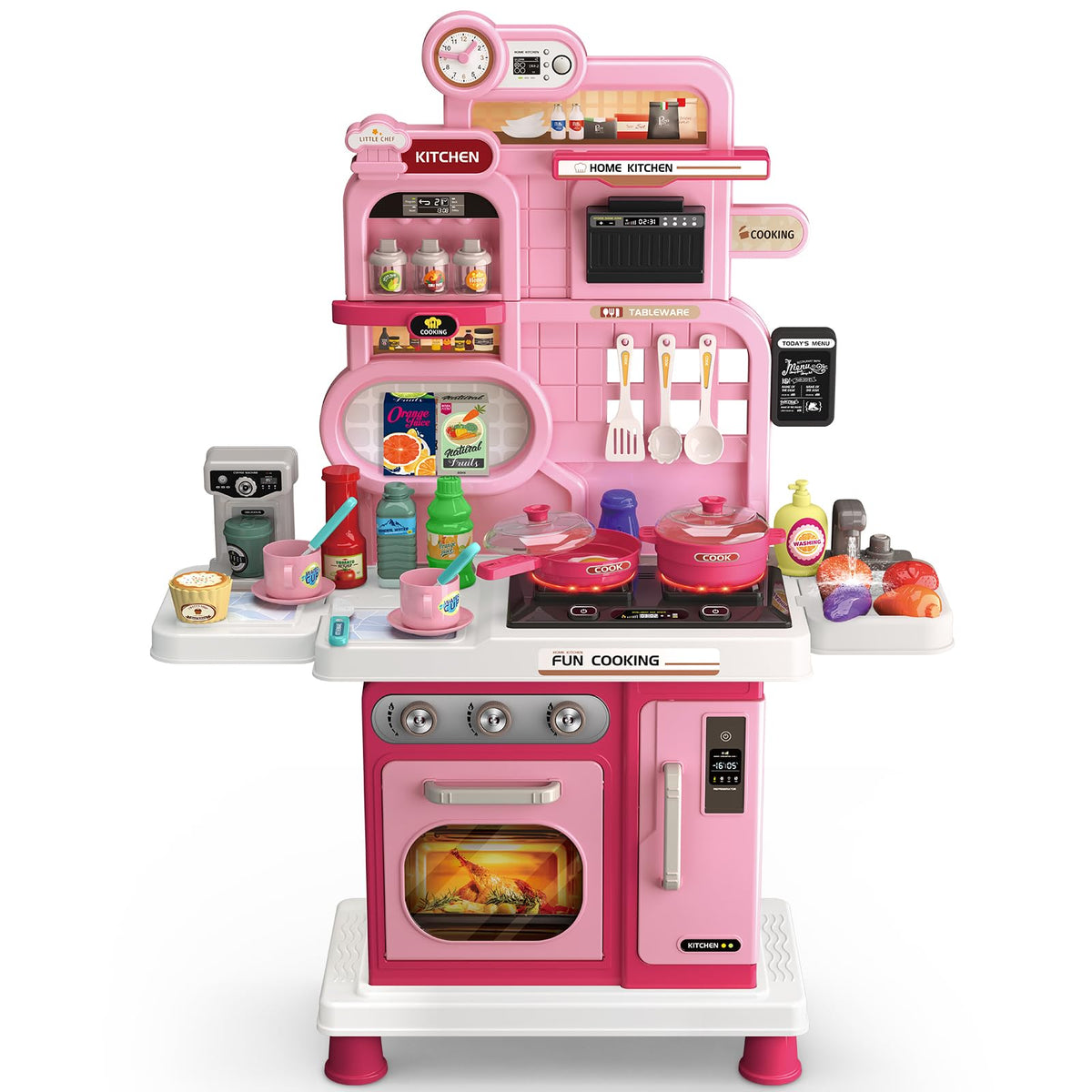 Letapapa Play Kitchen stove lights up for engaging pretend cooking.