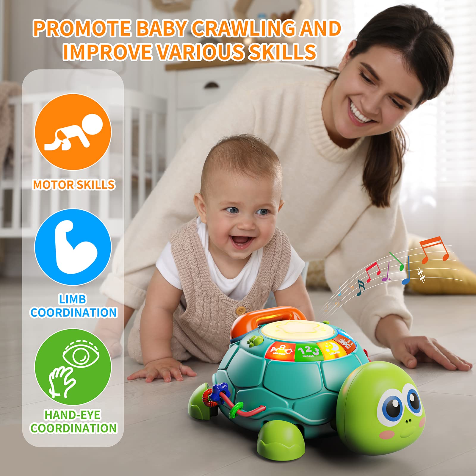 Letapapa turtle side beads promote finger dexterity during exploration.
