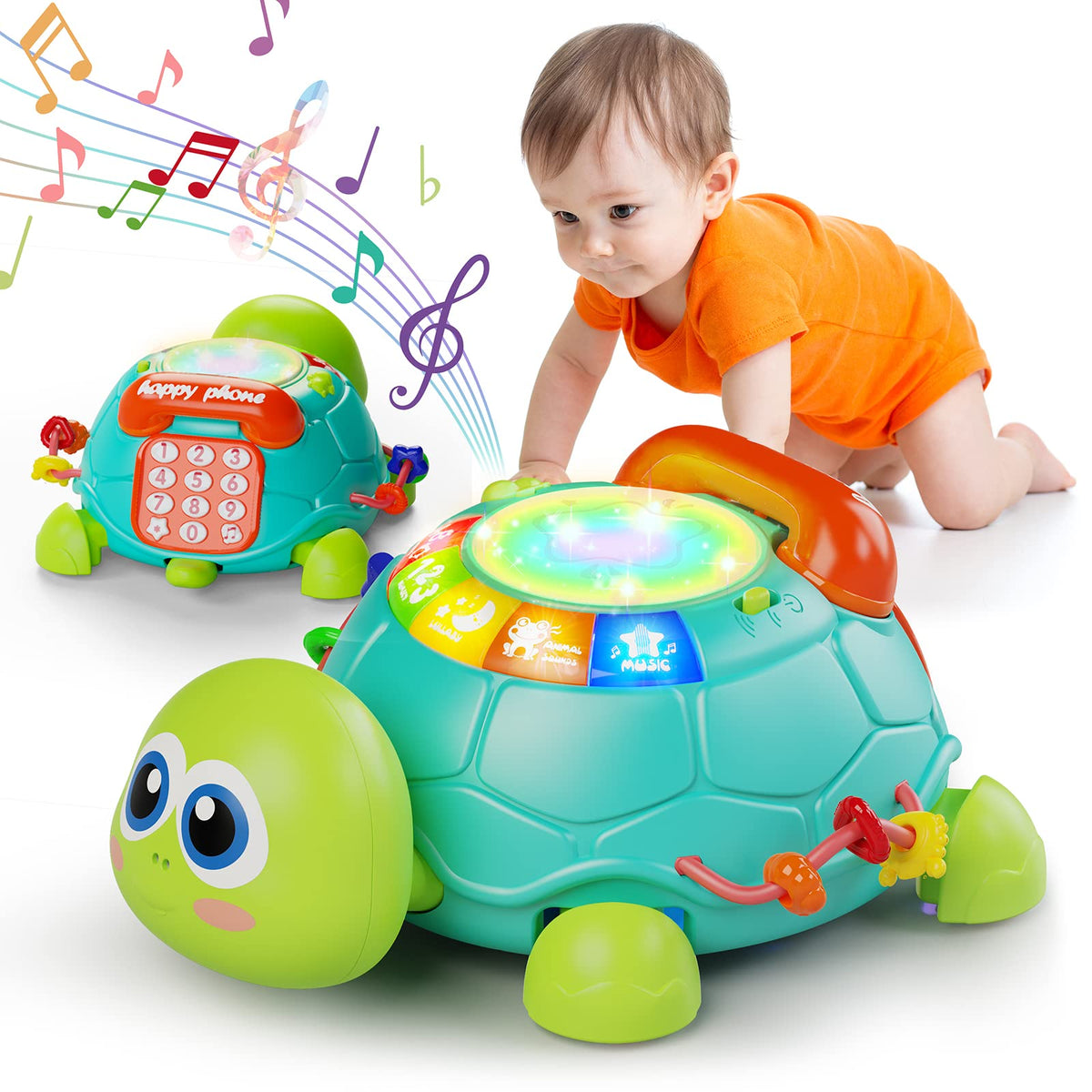 Letapapa turtle crawling toy with lights and music for engaging tummy time play.