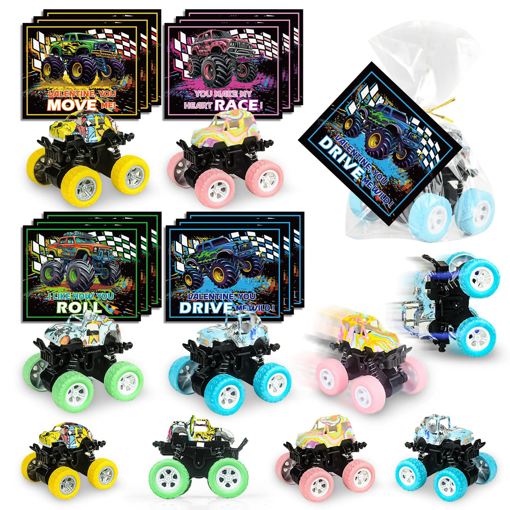 Letapapa Valentine monster truck toys in a 24-pack, ideal for classroom exchanges.