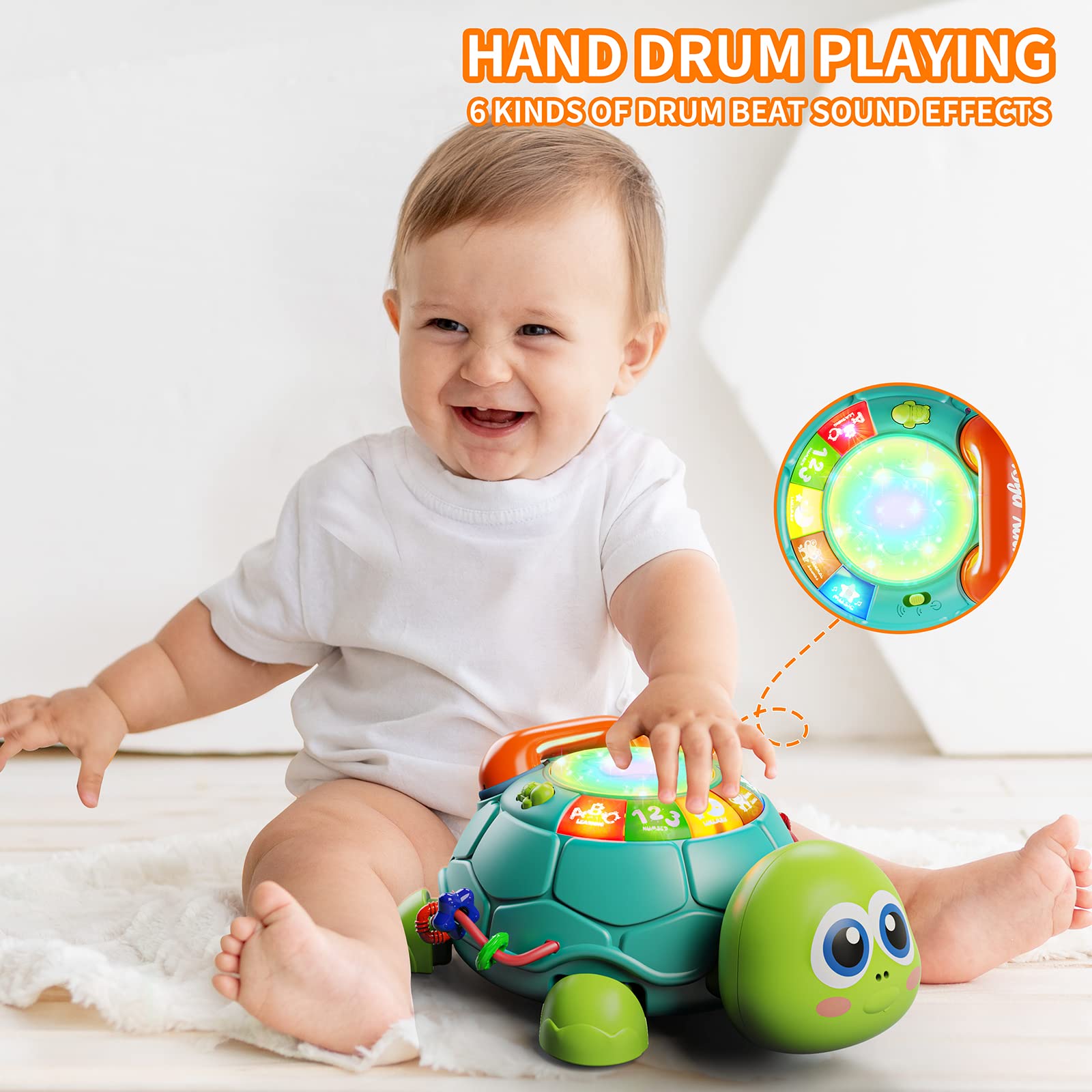Letapapa turtle toy features volume control for comfortable listening.