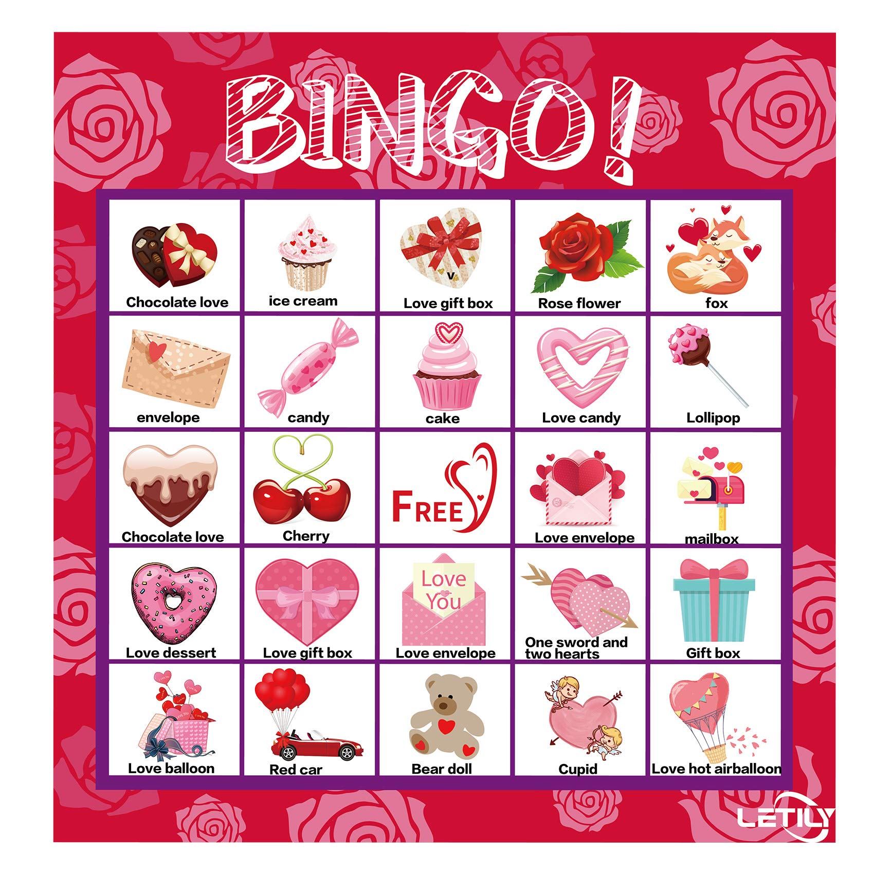Letily Valentines bingo patterns showcase cute symbols for festive play