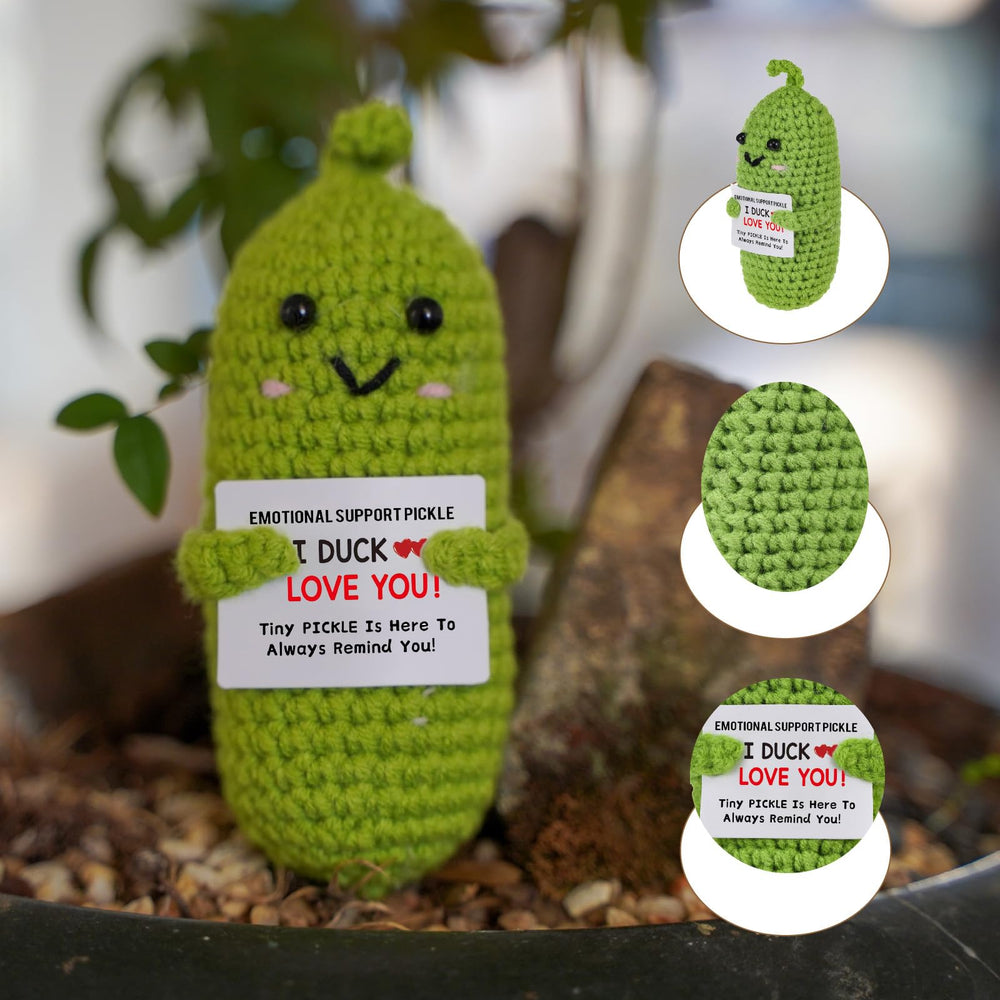 Letken handmade crochet pickle closeup reveals soft texture and tiny details.