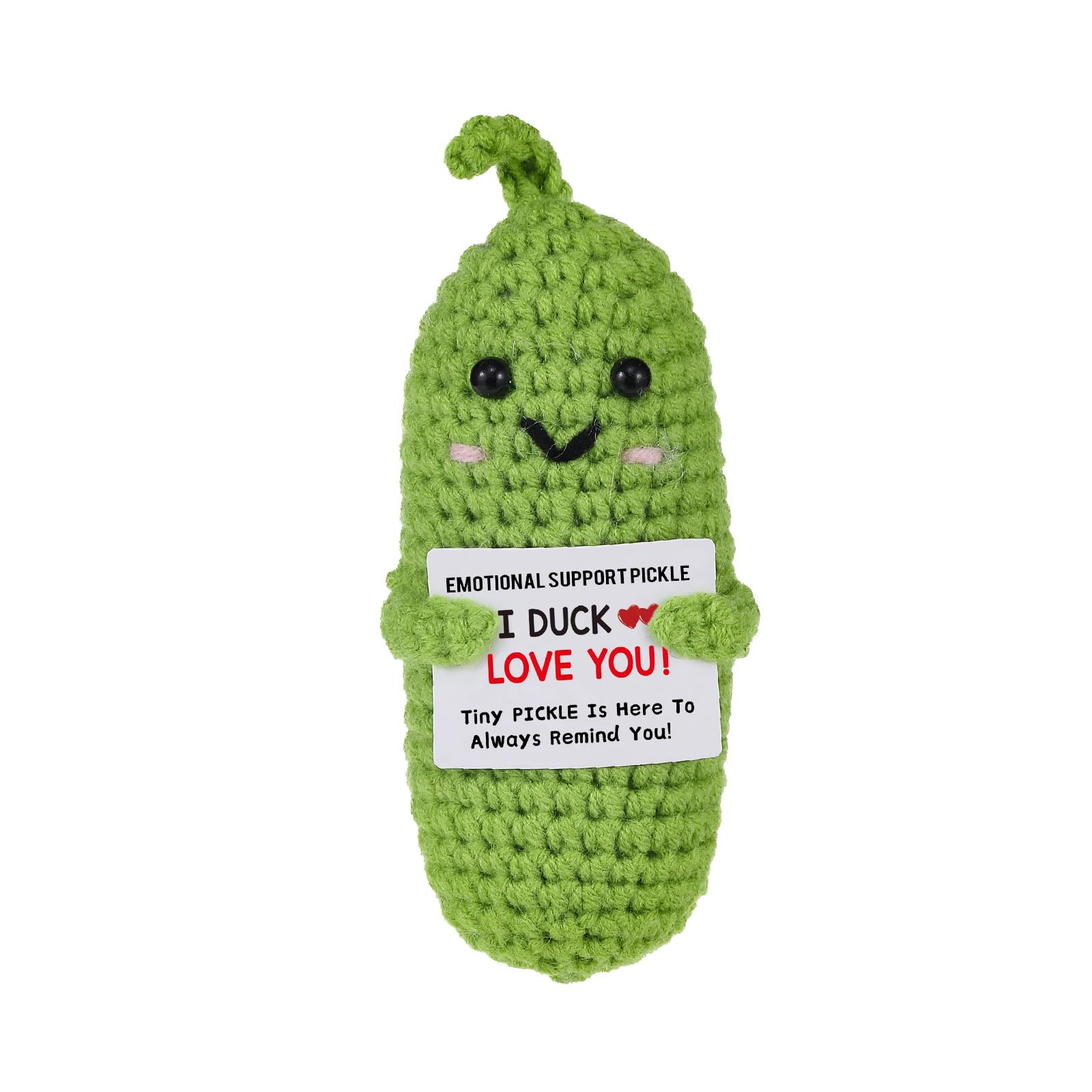 Letken pickle doll front view highlighting bright crochet stitches for a playful gift.