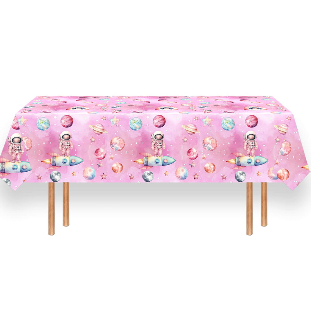 Letromp space-themed tablecloth featuring moon and stars for girls' celebration.