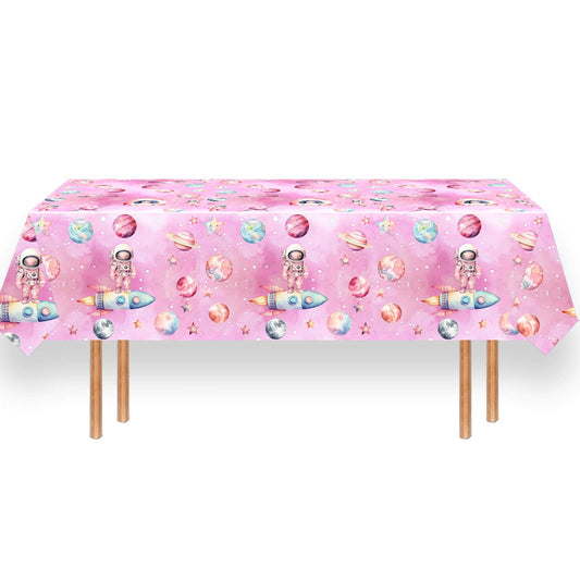 Letromp space-themed tablecloth featuring moon and stars for girls' celebration.