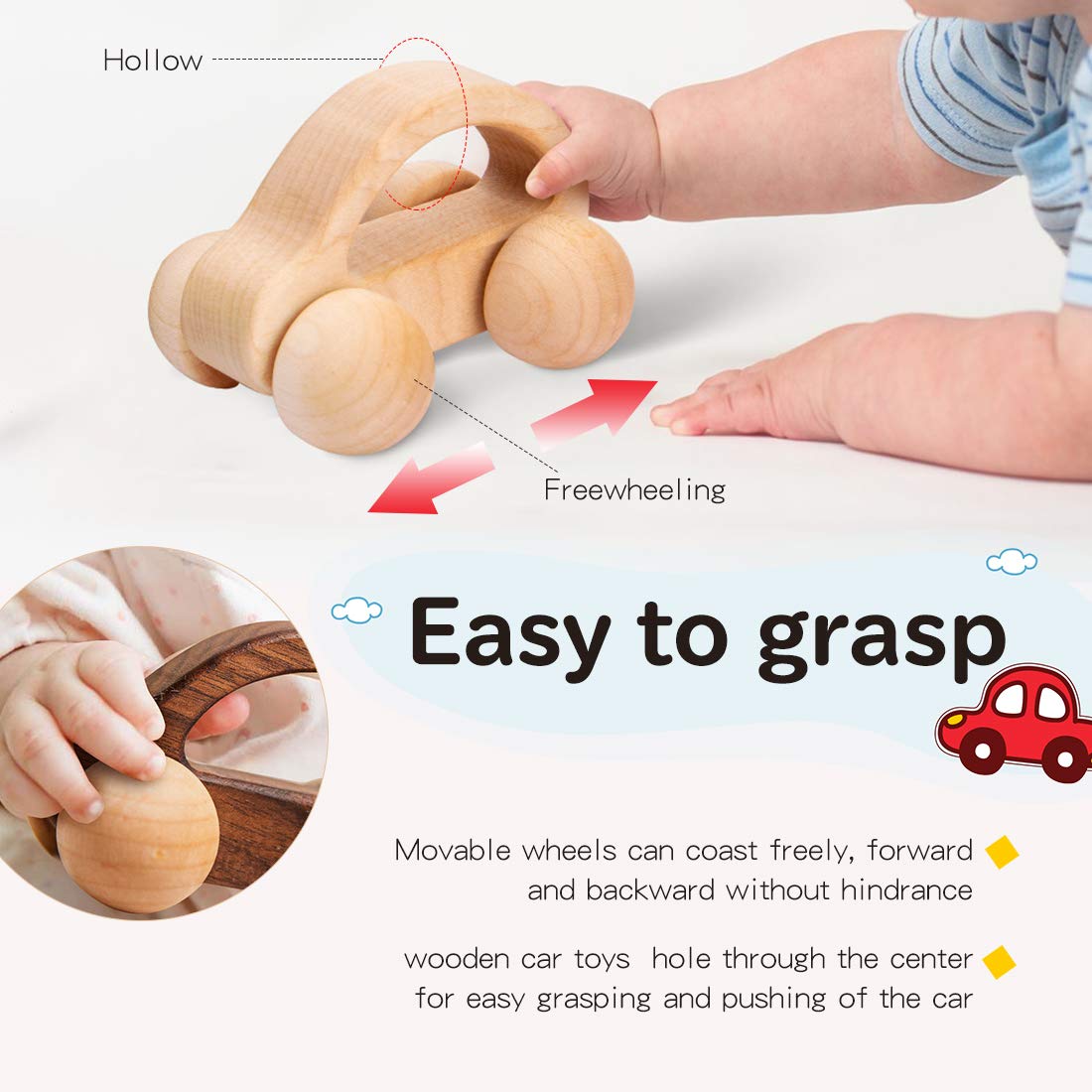Let's Make baby first car in natural wood for sensory and discovery play.