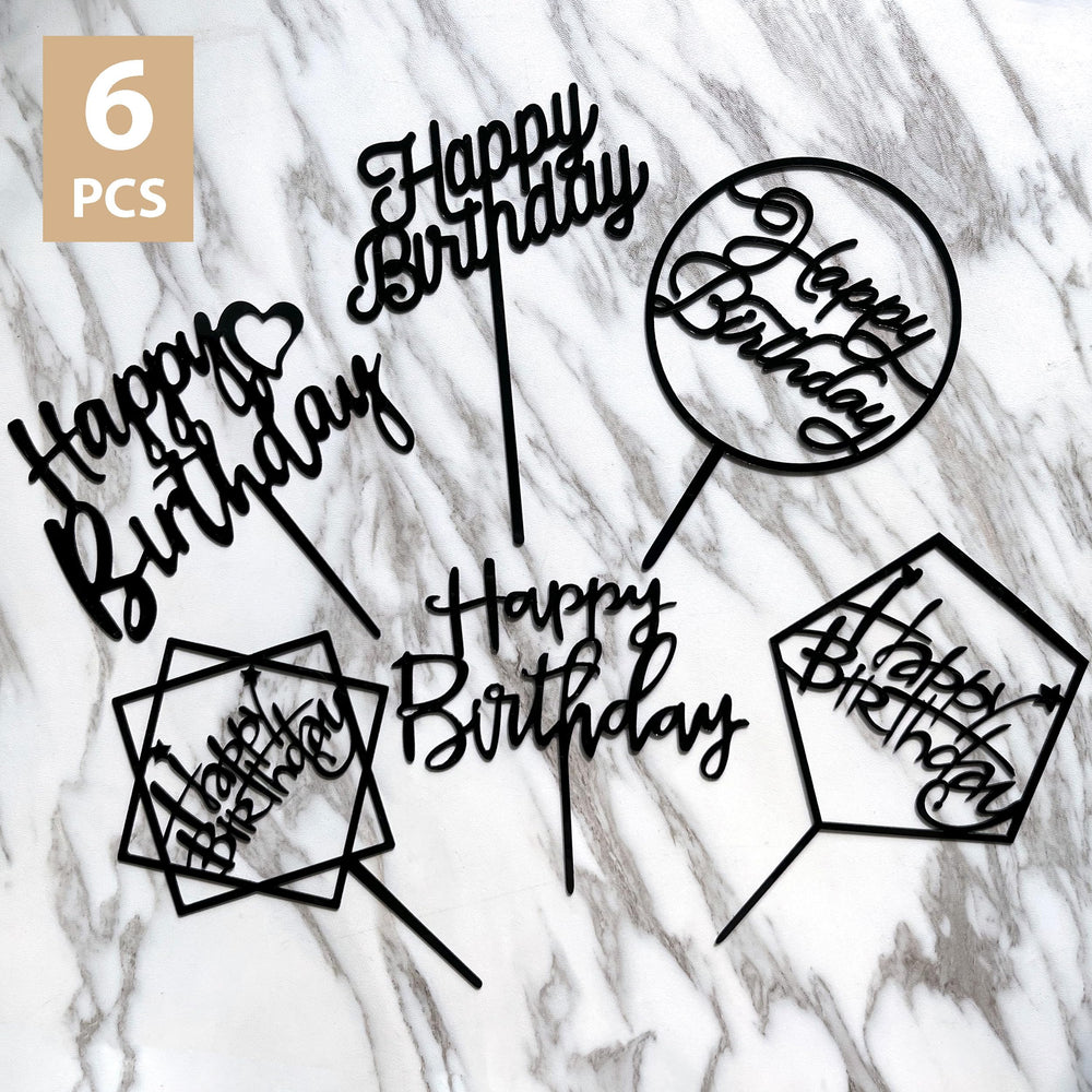 LetsCake 6-pack black Happy Birthday topper, back view for symmetrical display.