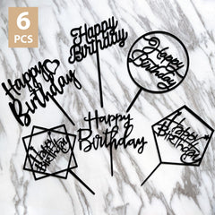 LetsCake 6-pack black Happy Birthday topper, back view for symmetrical display.