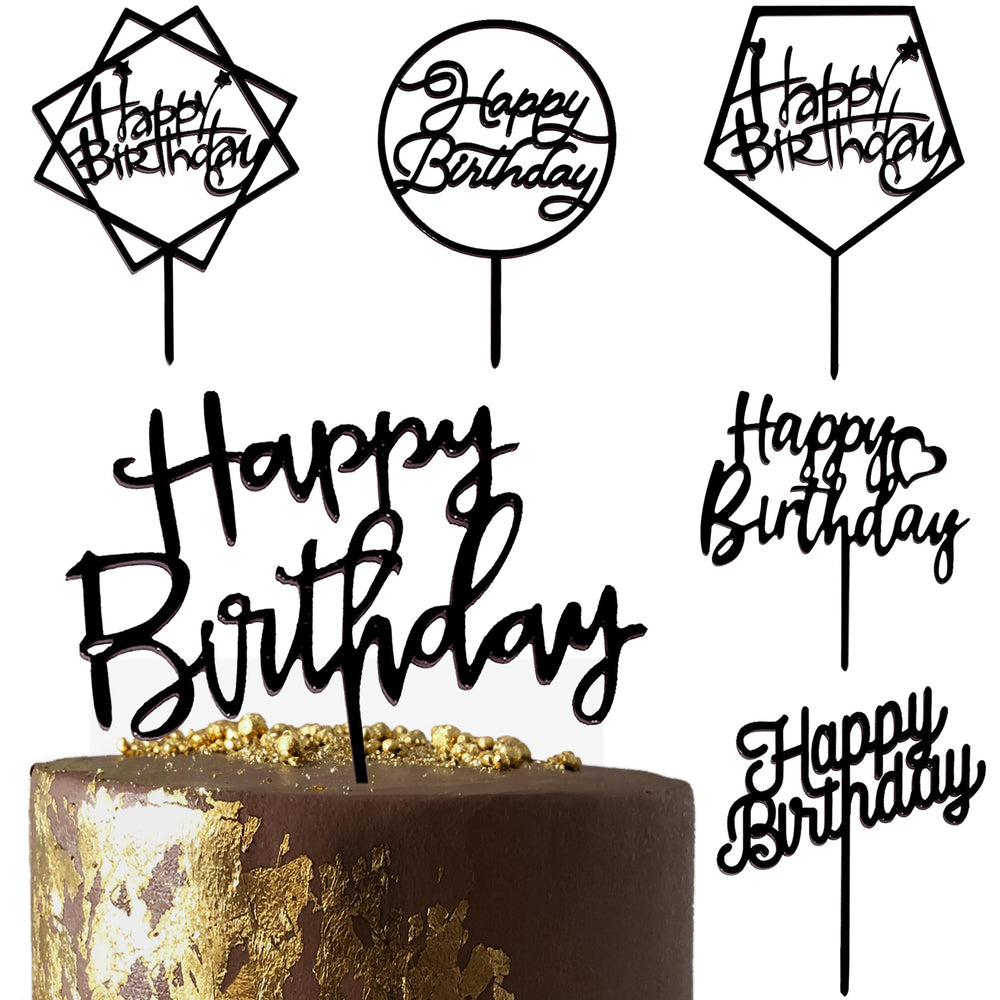 LetsCake 6-pack black Happy Birthday topper, front view for bold cake decor.