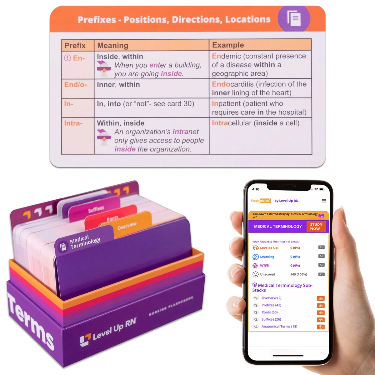 Level Up RN flashcards cover page shows organized terminology for easy study.