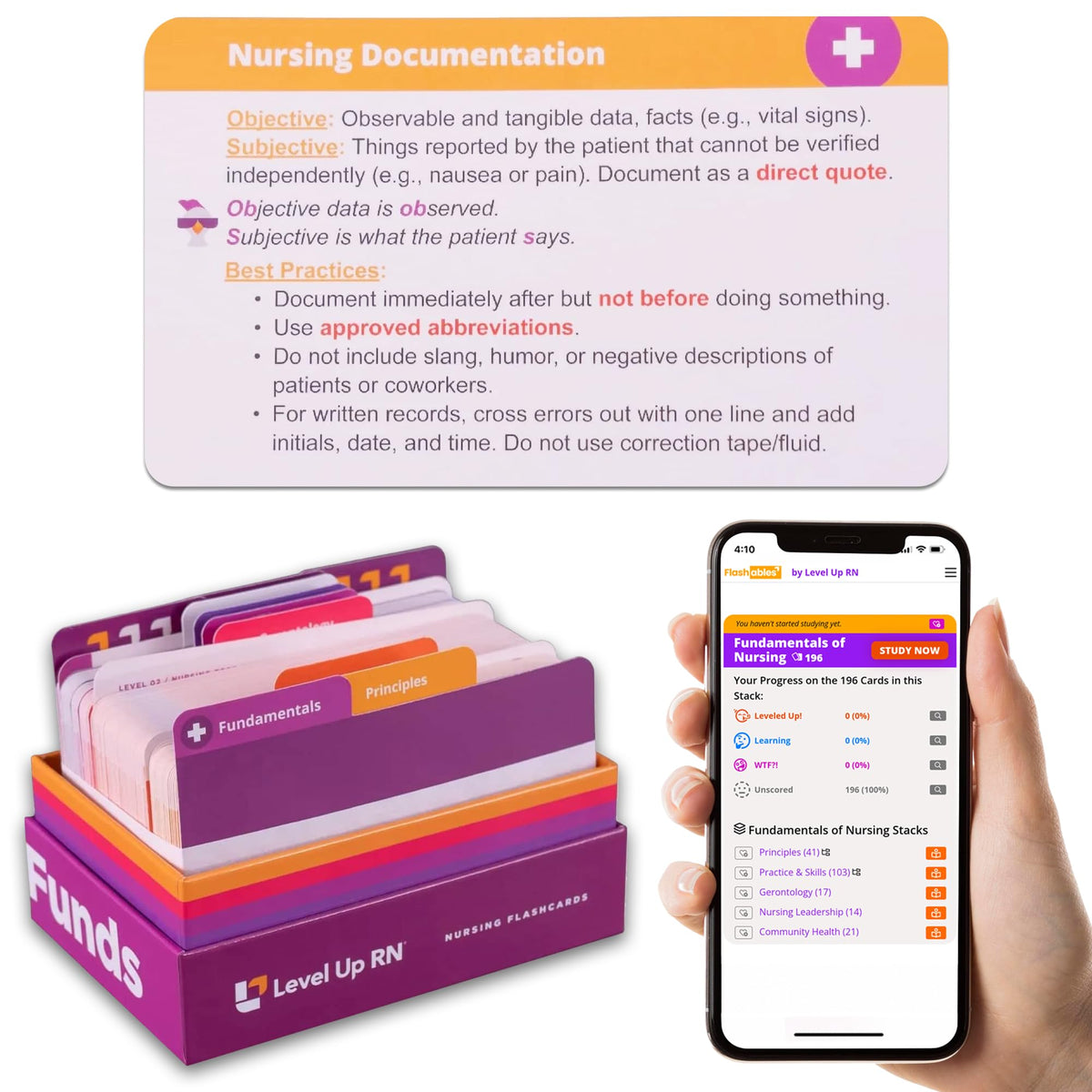 Level Up RN nursing fundamentals flash cards front cover for compact study sessions
