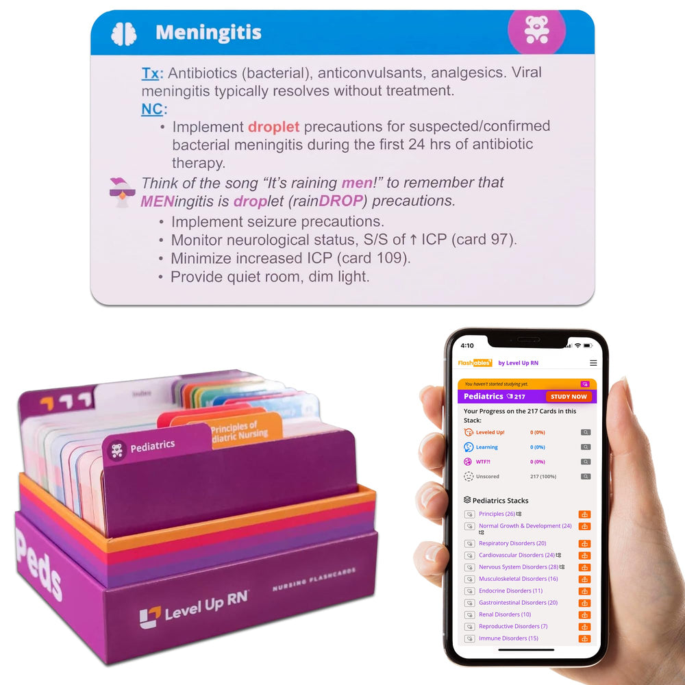 Level Up RN Pediatrics flash cards cover for quick core-topic review