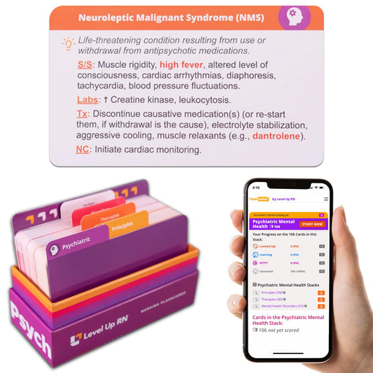 Level Up RN psychiatric flashcards cover for quick NCLEX review and study planning.