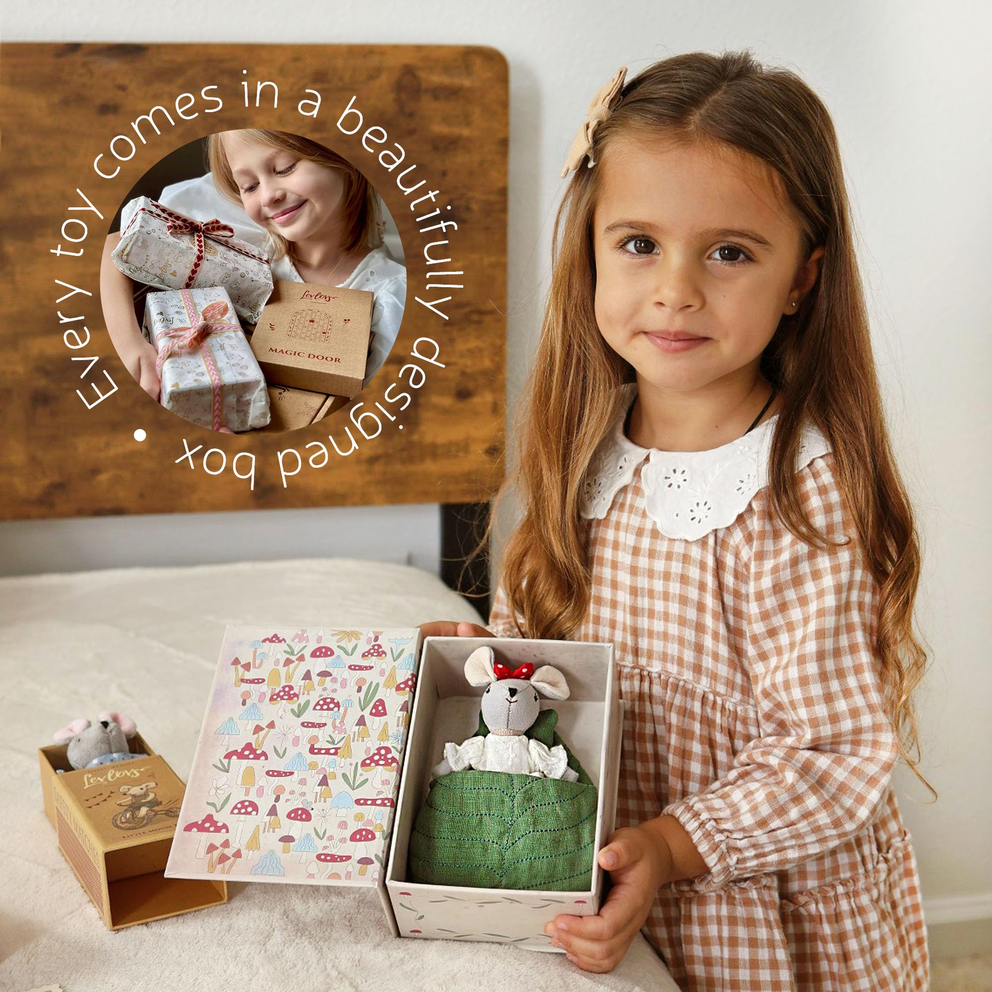 LEVLOVS Mouse in a Box Jasmine bow ready for cute storytelling
