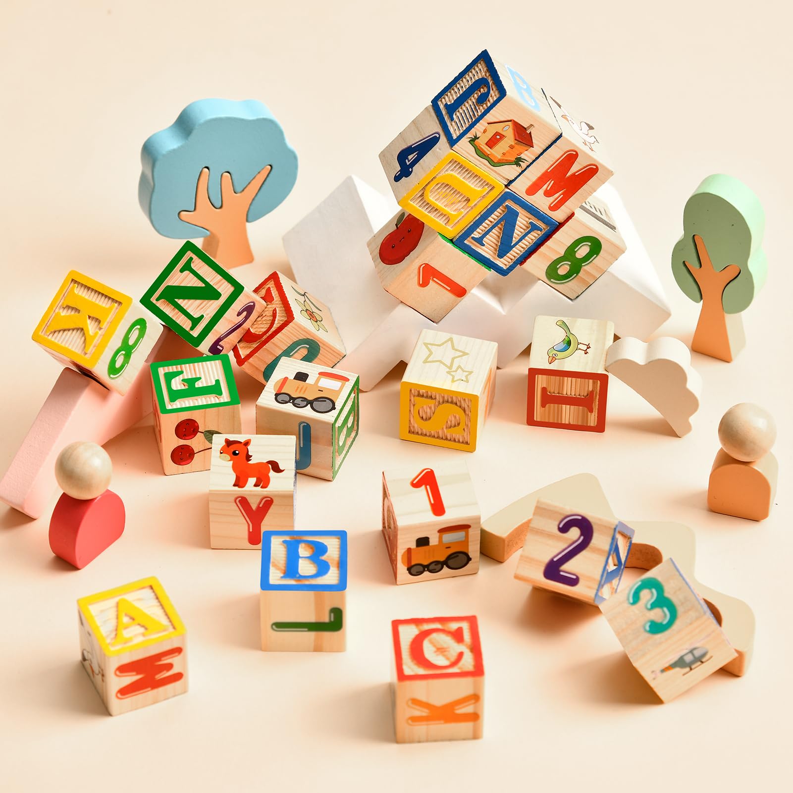 Lewo ABC blocks store neatly in the included box for easy cleanup.