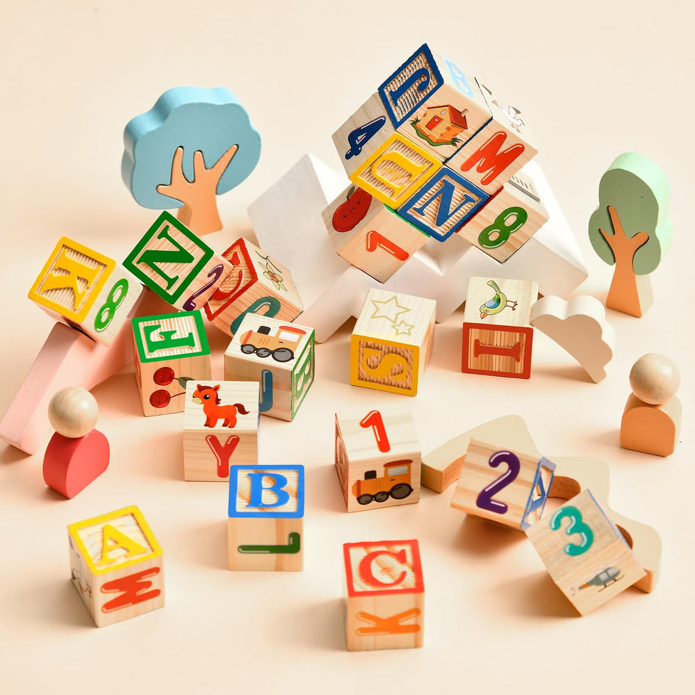 Lewo ABC blocks store neatly in the included box for easy cleanup.