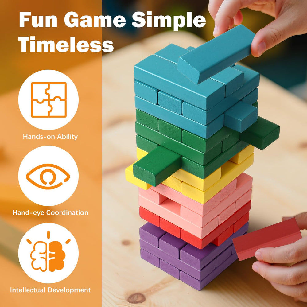 Lewo tower game shows block removal and top placement in action.