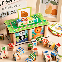 Lewo ABC wooden blocks support picture recognition and alphabet spelling in a playful setup.