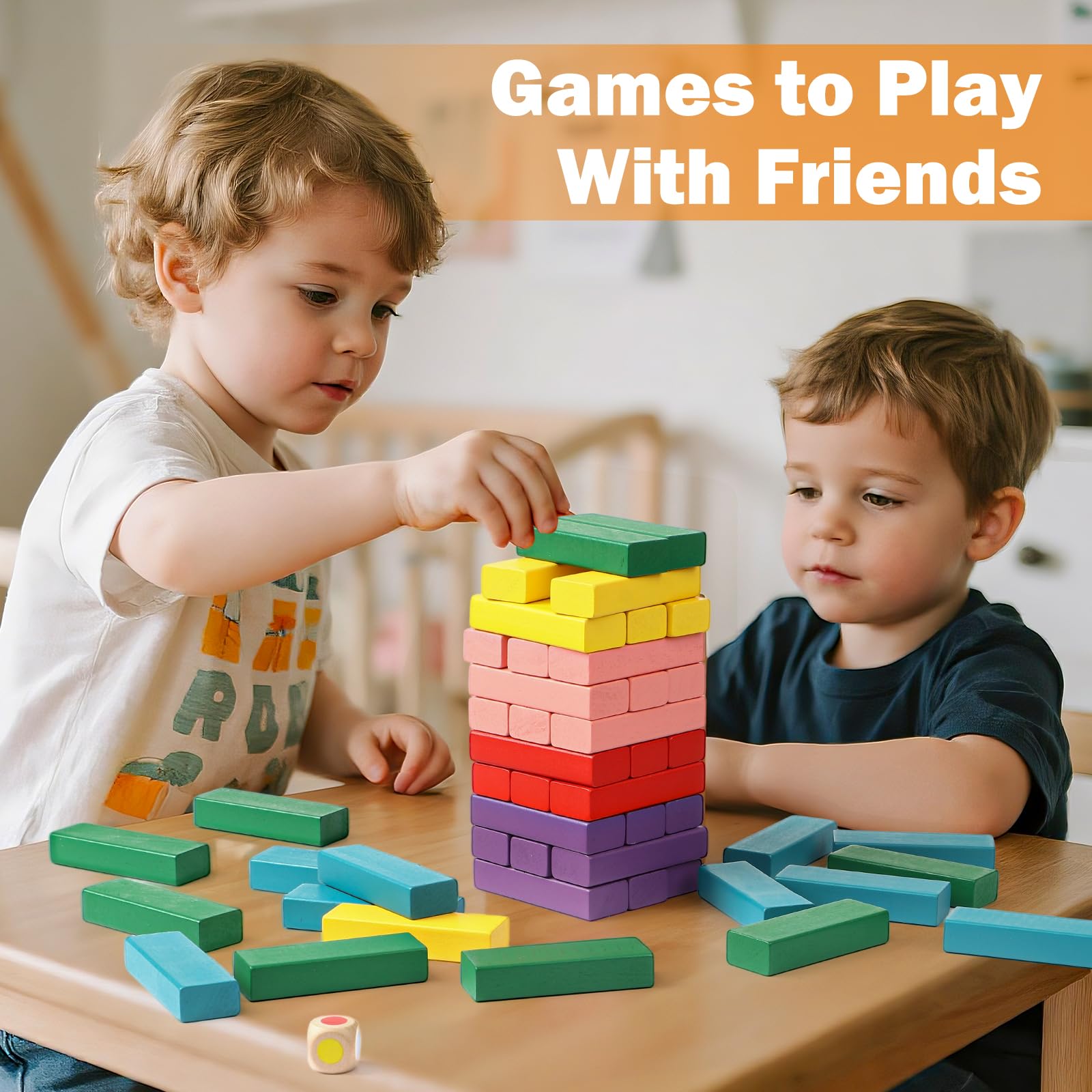 Lewo wooden blocks with dice included for interactive play.
