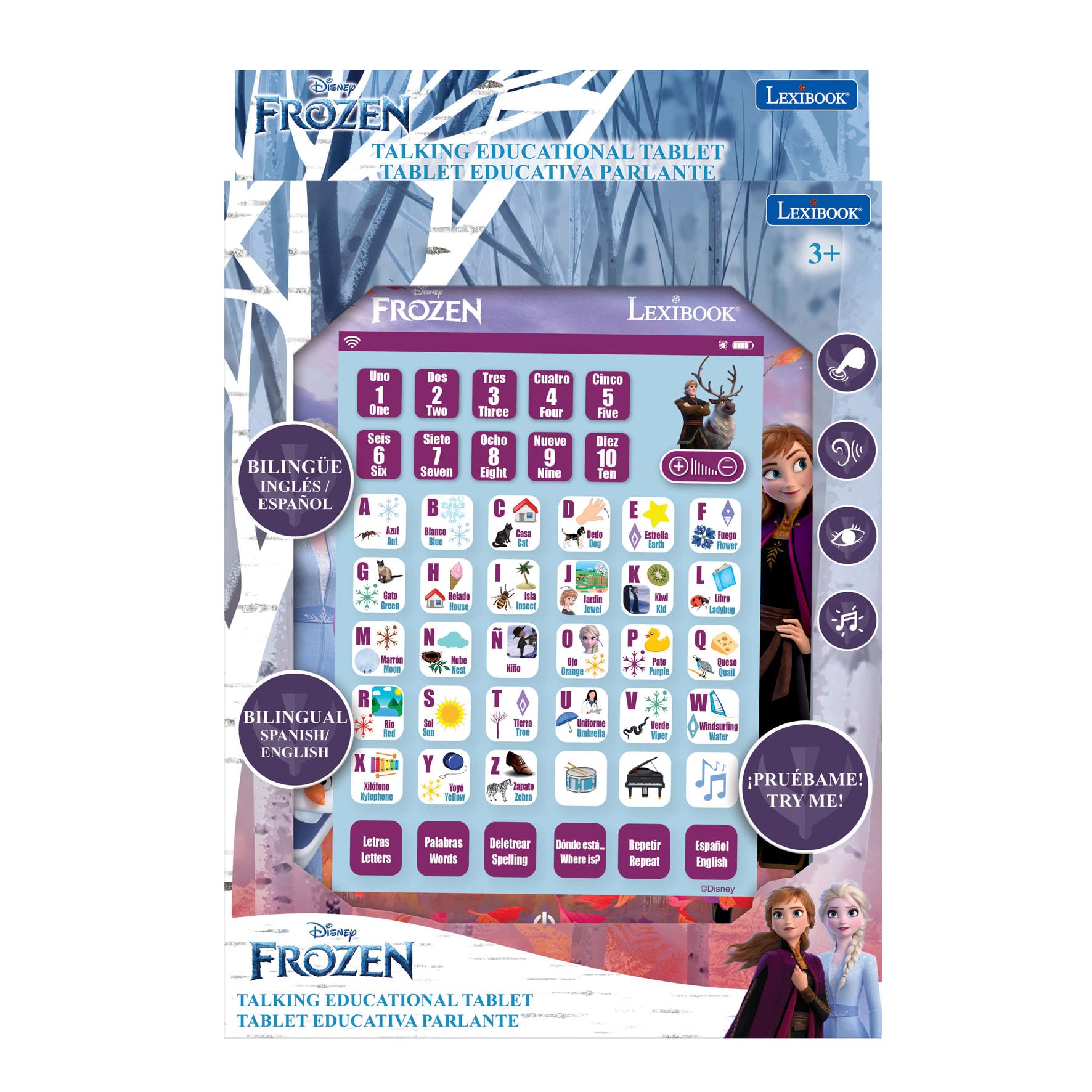 LEXiBOOK Disney Frozen tablet buttons emitting sounds for letters and words to teach phonics