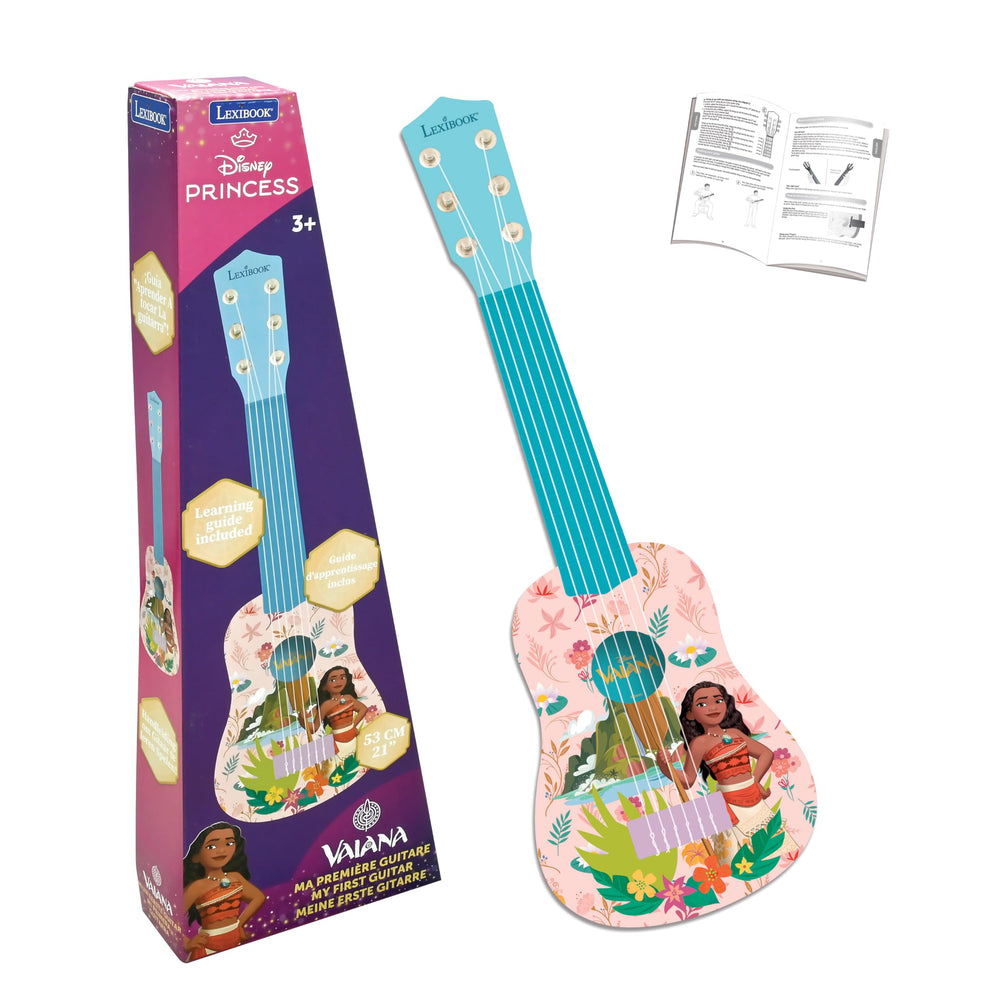 Lexibook Disney Moana first guitar front view, kid-friendly size for beginners.