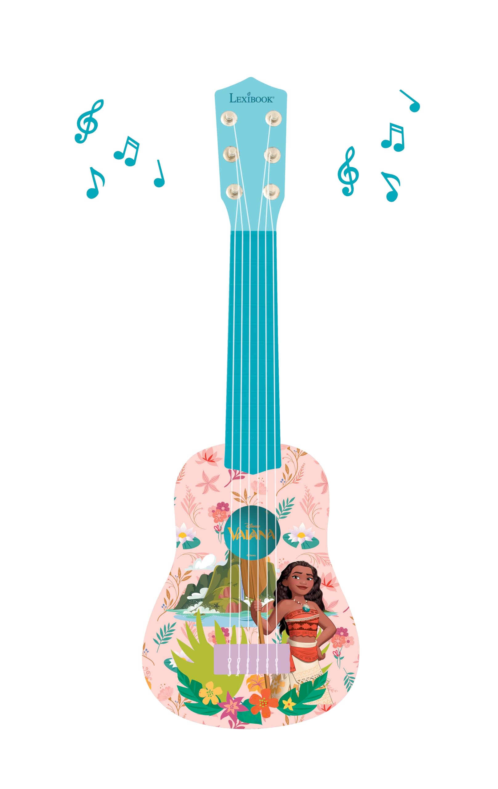 Durable plastic body of Lexibook Moana guitar withstands active play.