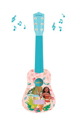 Durable plastic body of Lexibook Moana guitar withstands active play.
