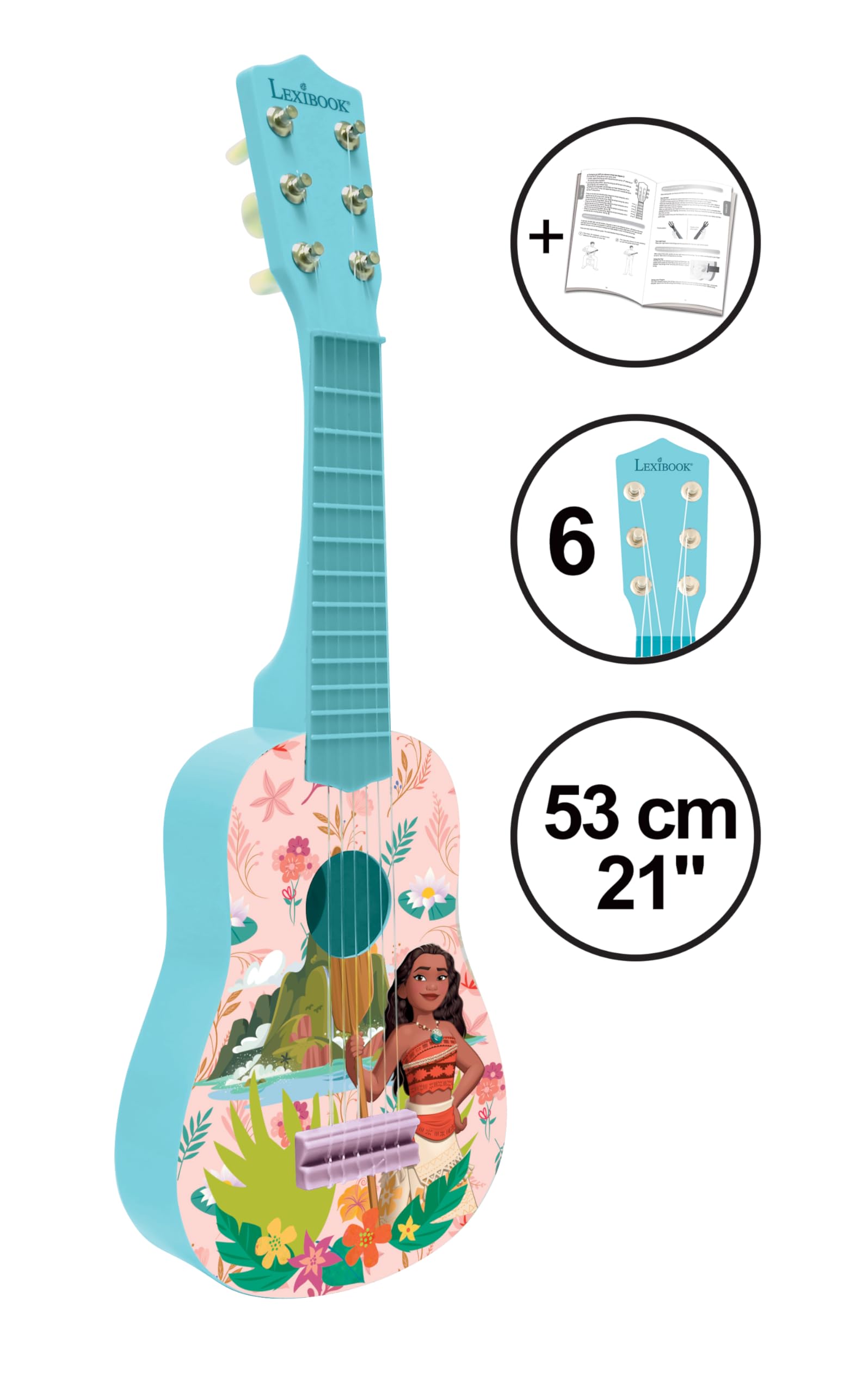 Lexibook Moana guitar nylon strings offer gentle play for small hands.