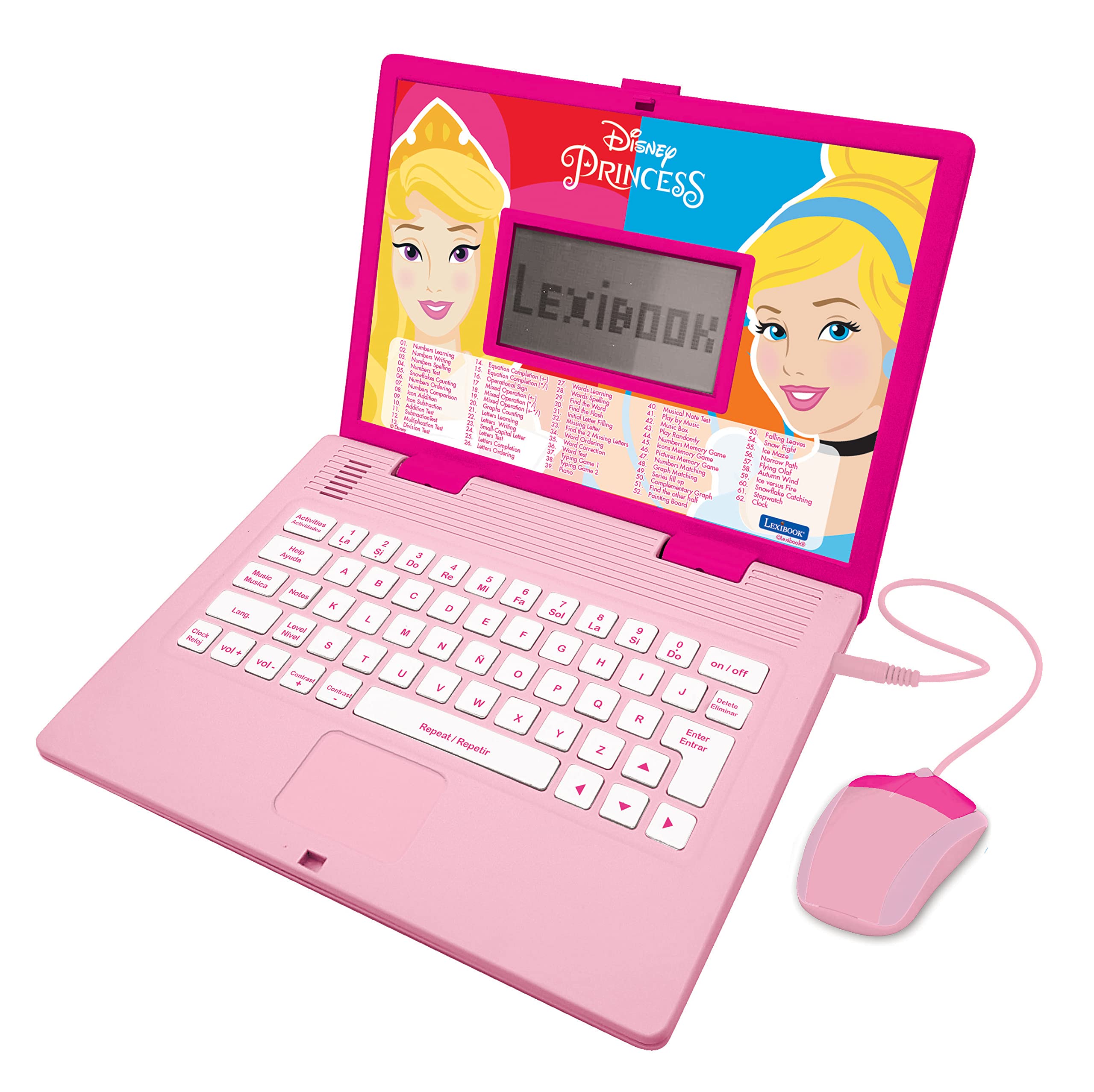 Lexibook Disney Princess laptop pink front view, kid-friendly design supports easy bilingual learning on the go.