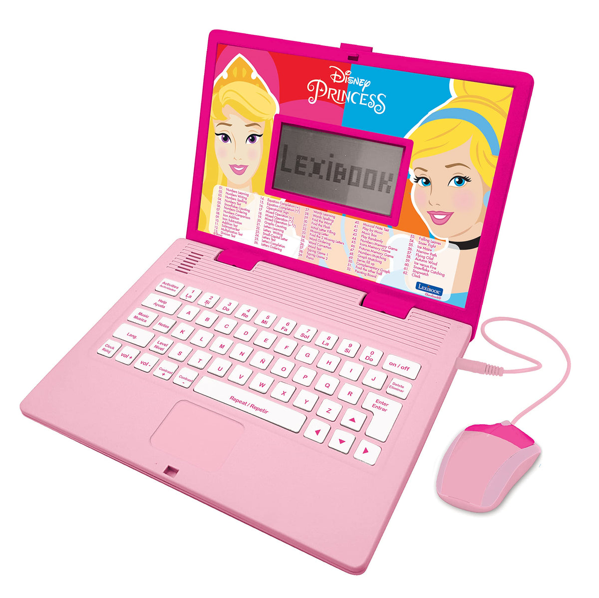 Lexibook Disney Princess laptop pink front view, kid-friendly design supports easy bilingual learning on the go.